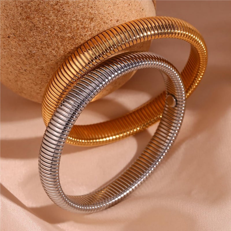 JUNYANGY Gold Bangles for Women Set of 3 Chunky Stretch Bangles Bracelets 24K Gold Plated Stainless Steel Bracelets Flexible Wide Stack Bracelets Designer Look Alike Jewelry for Women - Image 3